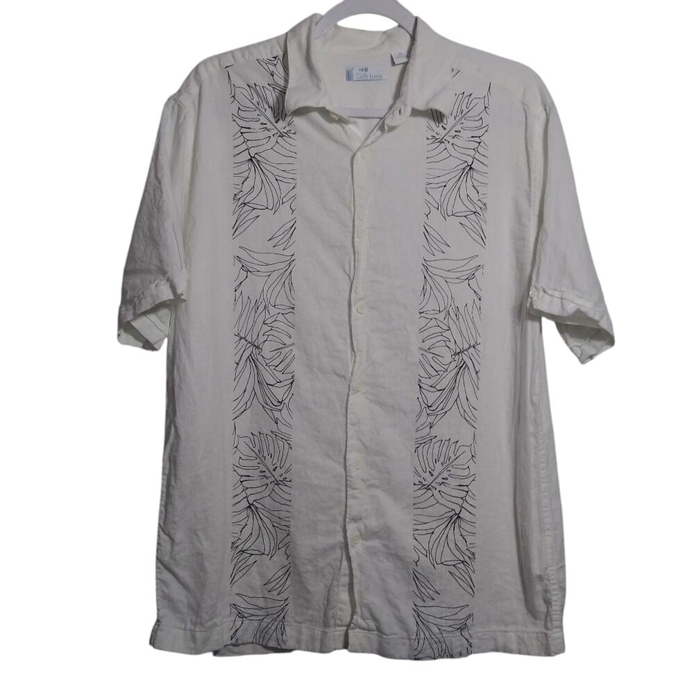 Cafe Luna Linen Blend Leaf Print Button Up Panel Short Sleeve Shirt Size M